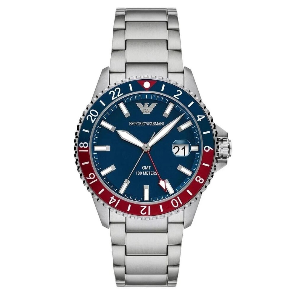 Emporio Armani AR11590 Men's GMT Watch Blue Red Bezel Stainless Steel Bracelet